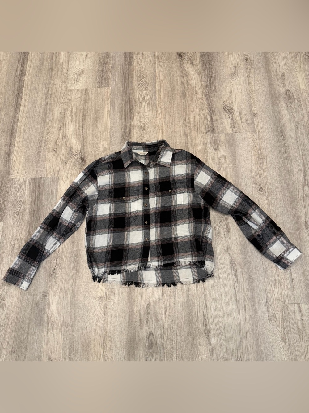 Lucky Brand Black White Plaid Cropped Flannel Shirt 100% Cotton Size Small